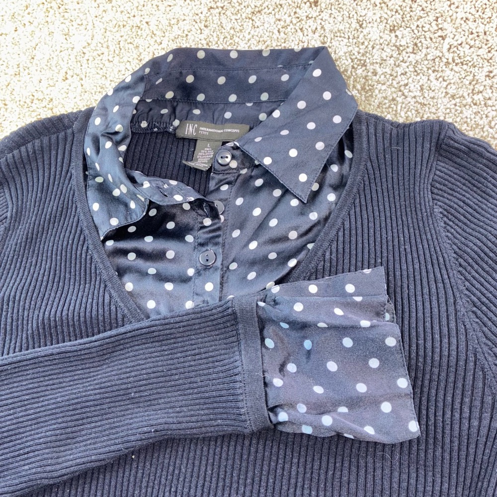 INC International Concepts L Petite 2Fer Navy Blue Polka Dot Collar Ribbed Knit